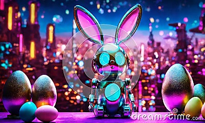 Robot bunny Easter eggs. Selective focus. Stock Photo