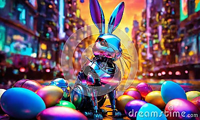 Robot bunny Easter eggs. Selective focus. Stock Photo