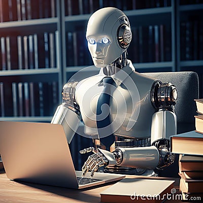 Robot-businessman freelancer using laptop computer in office Stock Photo