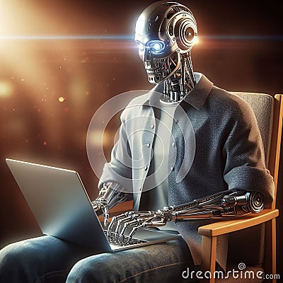Robot-businessman freelancer using laptop computer in office Stock Photo