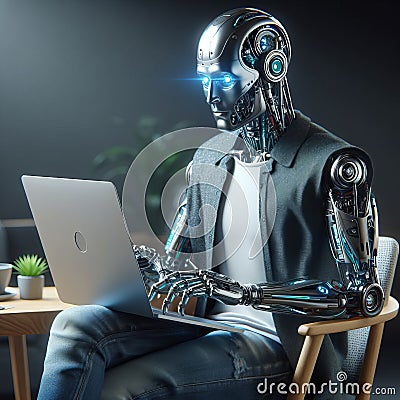 Robot-businessman freelancer using laptop computer in office Stock Photo