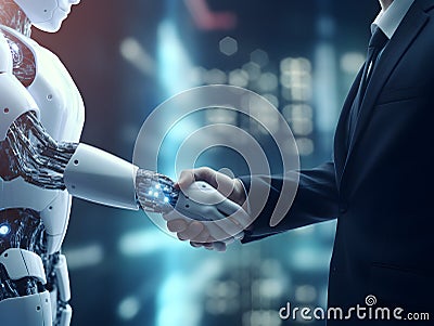 Robot and businessman in handshake. Concept of human robot relationships. AI generated image Stock Photo