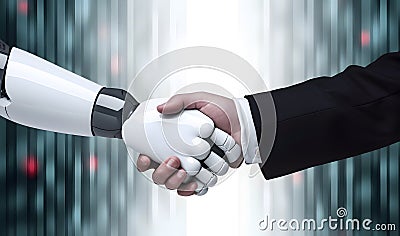 Robot and businessman in handshake. Concept of human robot relationships. AI generated image Stock Photo