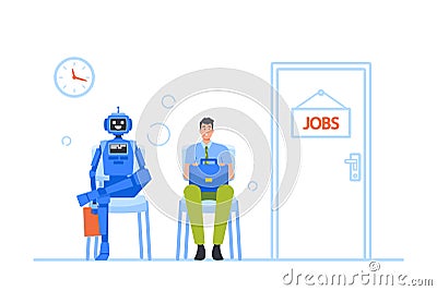 Robot and Businessman Sitting in Lobby Waiting Invitation for Job Interview. Human and Machine Characters Hiring Vector Illustration