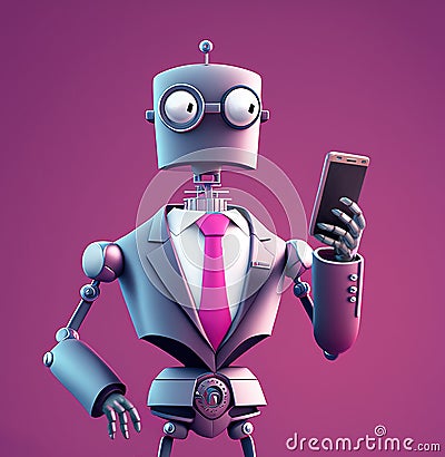 Robot businessman stands holding a mobile phone over purple background, cartoon portrait, generative AI illustration Cartoon Illustration