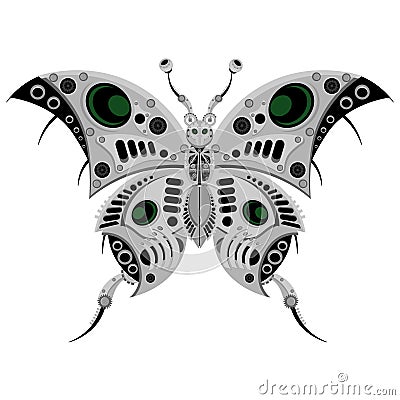 Robot butterfly in metal steampunk style. Cyborg insect on a white background Vector Illustration