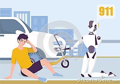 Robot calling to ambulance to help a man. Vector Illustration
