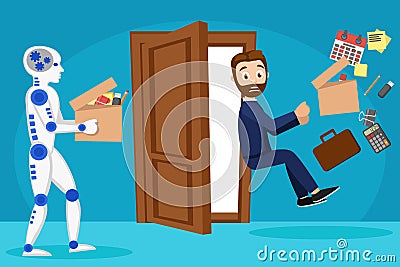 Robot came into the work place instead of a person. The man was fired and thrown out of the office. Vector Illustration