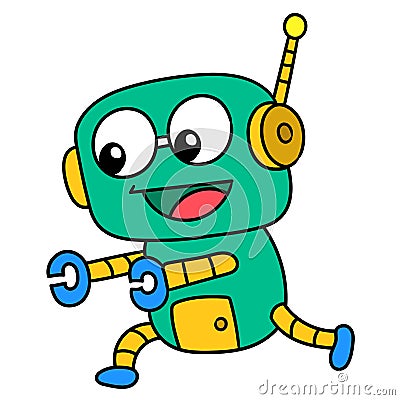 Robot cartoon running around happily, doodle kawaii. doodle icon image Vector Illustration