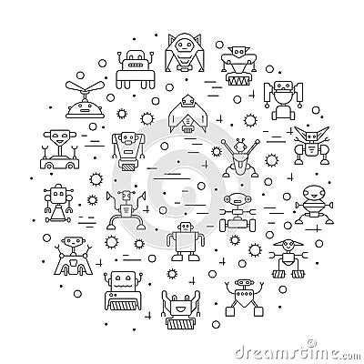 Robot character ai line icon set circular banner Vector Illustration