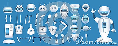 Robot character constructor. Cartoon futuristic android body parts. Robotic arms, legs and heads for animation. Robots Vector Illustration