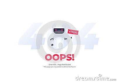 Robot character with Error 404 page not found. System maintenance. Vector Illustration
