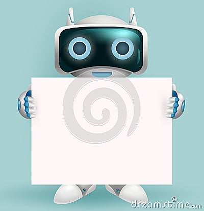 Robot character vector design. Robotic character holding white board element with space for text and messages in presentation. Vector Illustration