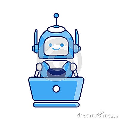Robot character work with laptop vector illustration. Cute Cartoon Robot Illustration Vector Illustration