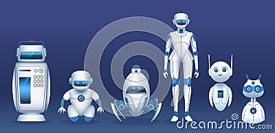 Robot characters. Cartoon futuristic robots, androids, cyborgs and bots. IT future technology mascots, fun digital ai Vector Illustration