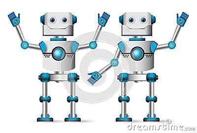 Robot characters set. White cyborg mascot standing with waiving hand gestures Vector Illustration