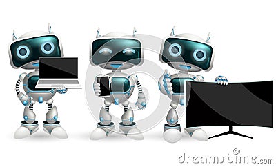 Robot characters vector set. Robotic character with modern devices like smartphone, television and laptop in holding and showing. Vector Illustration