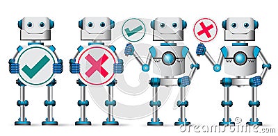 Robot characters vector set. White robotic cyborg holding placards Vector Illustration