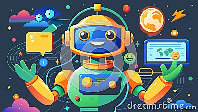 Robot chat bot with smiling face in cartoon style. It is surrounded by various elements including the sun, clouds and various Stock Photo