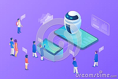 Robot chat bot talking to customers Isometric flat vector illustration. Artificial intelligence neural network technology Vector Illustration