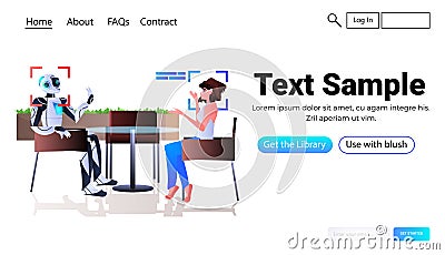 robot assistant discussing with woman detection and identification facial recognition system artificial intelligence Vector Illustration