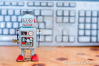 Symbol for a chatbot or social bot and algorithms, program code in the background Stock Photo