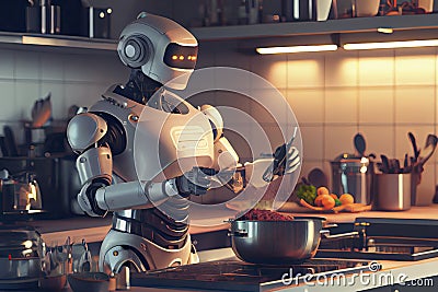 Robot chef cooking in kitchen of future home genius, smart robot working in modern house Stock Photo