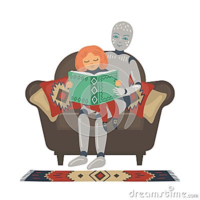 Robot with child sitting in armchair and reading book. Vector Illustration