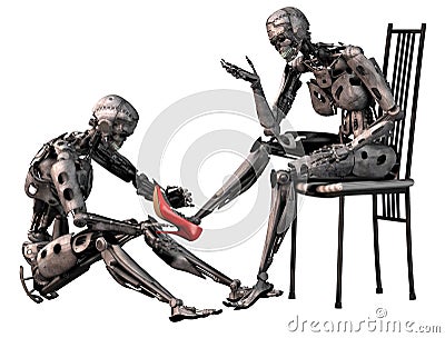 Robot cinderella, android man tries a red high heel shoe in the foot of an android woman, 3d illustration Cartoon Illustration