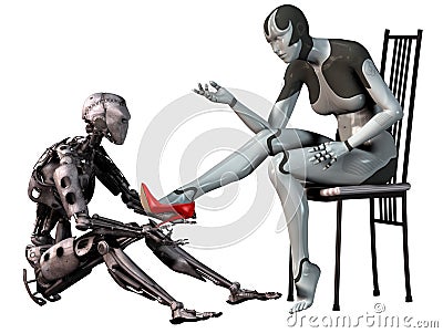 Robot cinderella, android man tries a red high heel shoe in the foot of an android woman, 3d illustration Cartoon Illustration