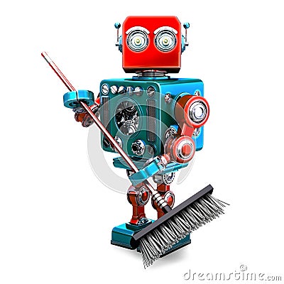 Robot cleaner with a broom. 3D illustration. . Contains clipping path Cartoon Illustration