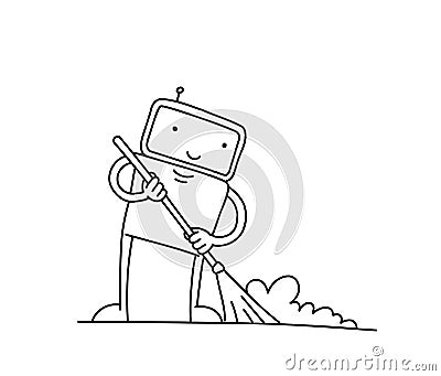 Robot cleaner sketch. With broom. Tidy up cleaning. Housekeeper the character. Illustration hand drawn. Vector Illustration