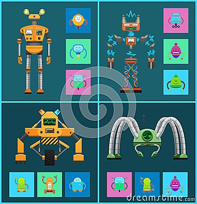 Robot Collection with Icons Vector Illustration Vector Illustration