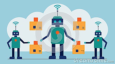 Robot Communication A group of autonomous robots communicating through visual signals indicating the status of Stock Photo