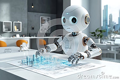 Robot Companion Assisting Architect in Designing Futuristic Metropolis with Volumetric 3D Modeling Software Stock Photo