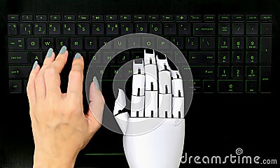 Robot concept chatbot of Human hand and robot hand pressing computer keyboard Stock Photo