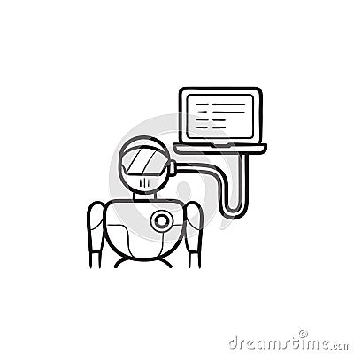 Robot connected to laptop hand drawn outline doodle icon. Vector Illustration