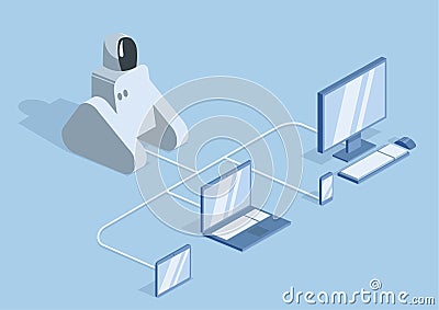A robot connected by wires to a computer, laptop and mobile gadgets. Robotics, programming and robot training. Vector Vector Illustration
