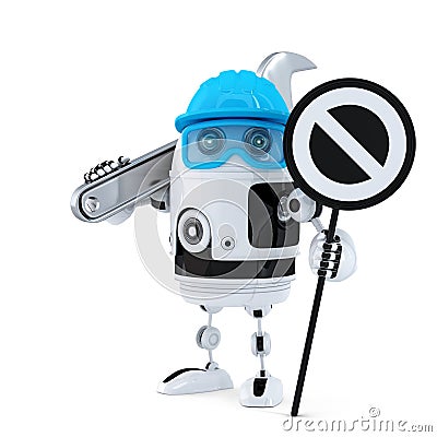 Robot construction worker with wrench and stop sign Stock Photo