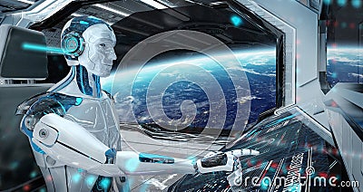 Robot in a control room flying a white modern spaceship with window view on space 3D rendering Stock Photo