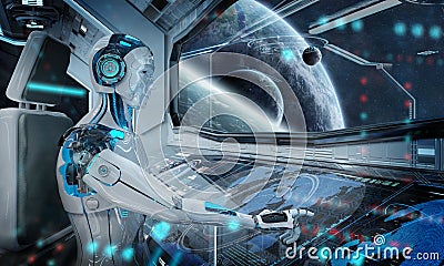 Robot in a control room flying a white modern spaceship with window view on space 3D rendering Stock Photo