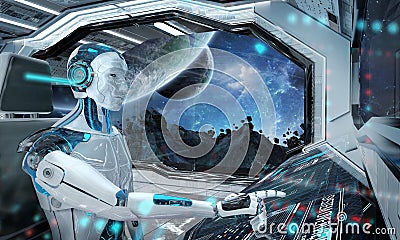 Robot in a control room flying a white modern spaceship with window view on space 3D rendering Stock Photo