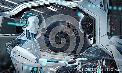 Robot in a control room flying a white modern spaceship with window view on space 3D rendering Stock Photo