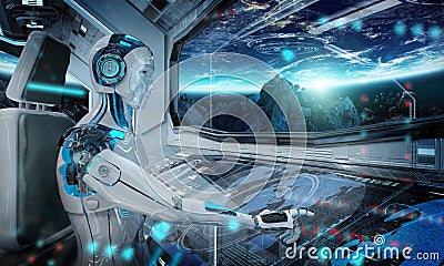 Robot in a control room flying a white modern spaceship with window view on space 3D rendering Stock Photo