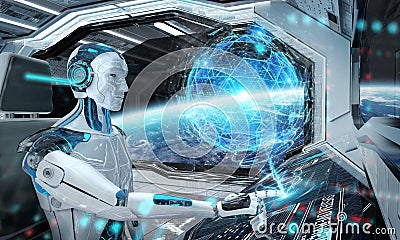 Robot in a control room flying a white modern spaceship with window view on space and digital globe hologram 3D rendering Stock Photo