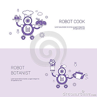 Robot Cook And Botanist Concept Template Web Banner With Copy Space Vector Illustration