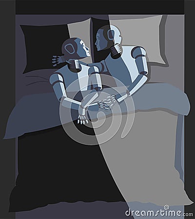 Robot couple, male and female in bed. Cartoon Illustration