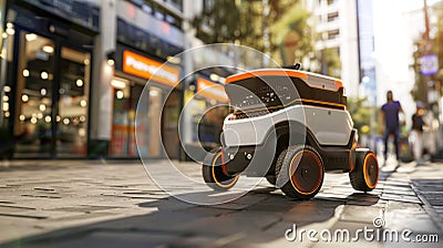 Robot courier delivering goods in housing complex. Automated delivery robot on its route. Concept of efficient delivery Stock Photo