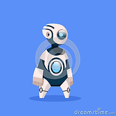 Robot Cute Cyborg Isolated On Blue Background Concept Modern Artificial Intelligence Technology Vector Illustration