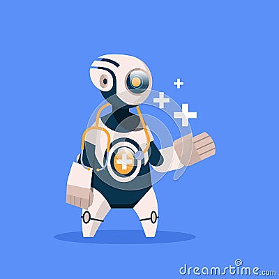 Robot Cute Cyborg Isolated On Blue Background Concept Modern Artificial Intelligence Technology Vector Illustration